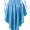 Model wearing voluminous rubber circle skirt showing dramatic high low hemline and light blue finish