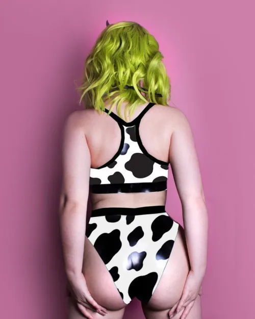 Latex Sports Bra with Cow Pattern rear view