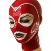 Red Latex Hood with white contrast trim and superhero design front view