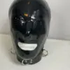 Black Latex Hood with pinhole eyes and D-ring collar front view