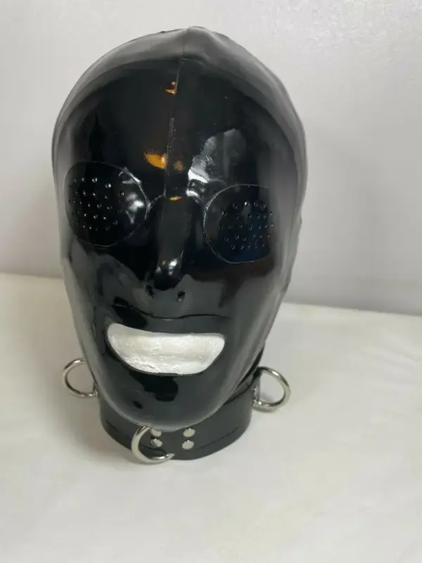 Black Latex Hood with pinhole eyes and D-ring collar front view