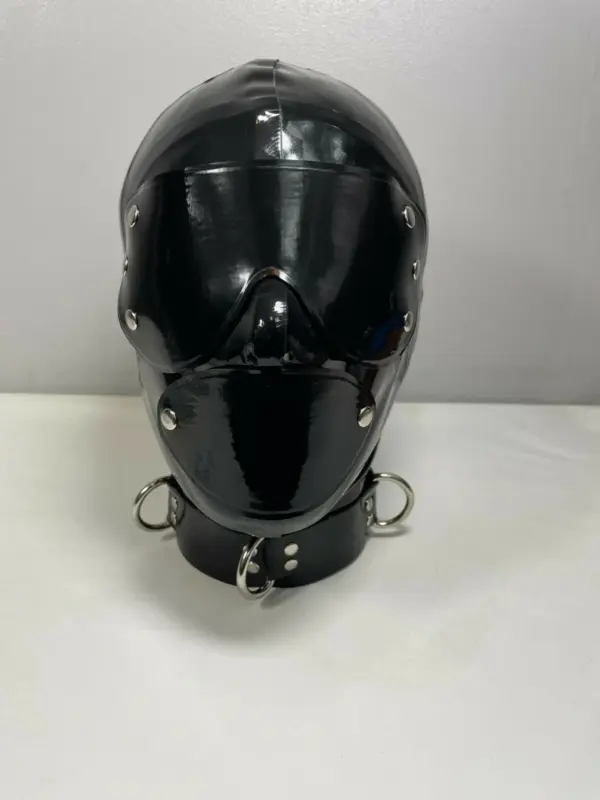 Latex Gimp Hood with detachable blindfold and D-ring collar front view