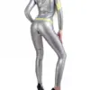 Model wearing futuristic metallic rubber bodysuit showing 2-way zipper and high neck