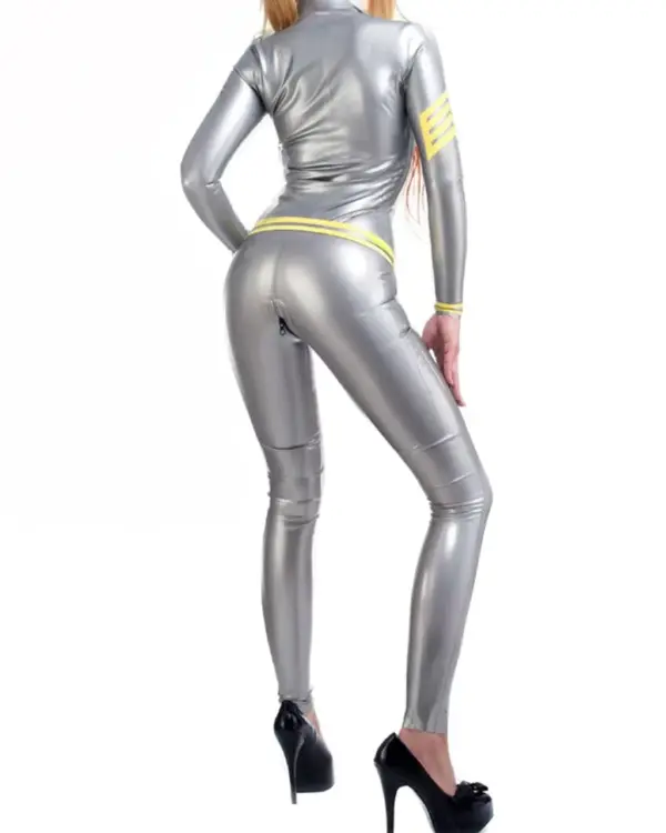 Model wearing futuristic metallic rubber bodysuit showing 2-way zipper and high neck