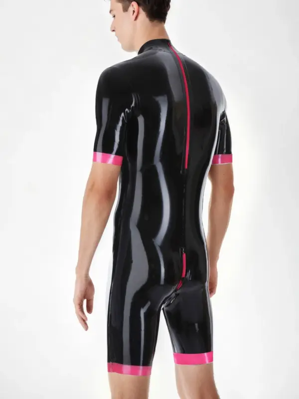 Short Sleeve Rubber Bodysuit black and pink back view