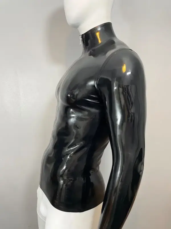 Close up of mandarin collar and front zipper on latex shirt