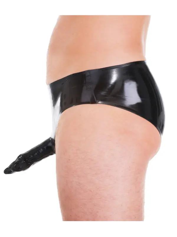 Side profile of latex sheath pants for men showing fitted design