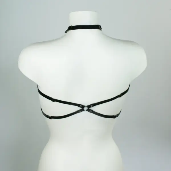 Adjustable strappy fetish top back view with buckle closure