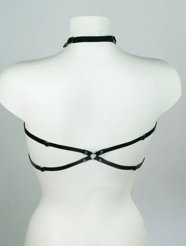 Adjustable strappy fetish top back view with buckle closure