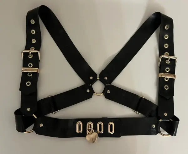 Heart shaped padlock fetish hardware on double layer rubber straps