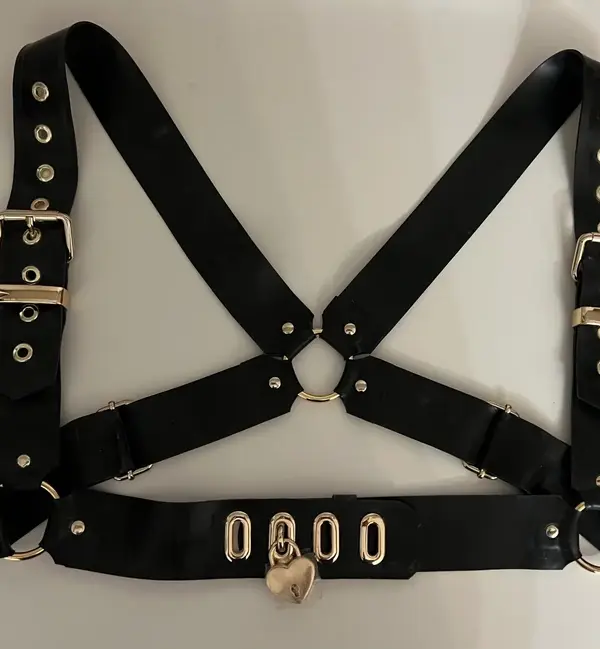 Heart shaped padlock fetish hardware on double layer rubber straps