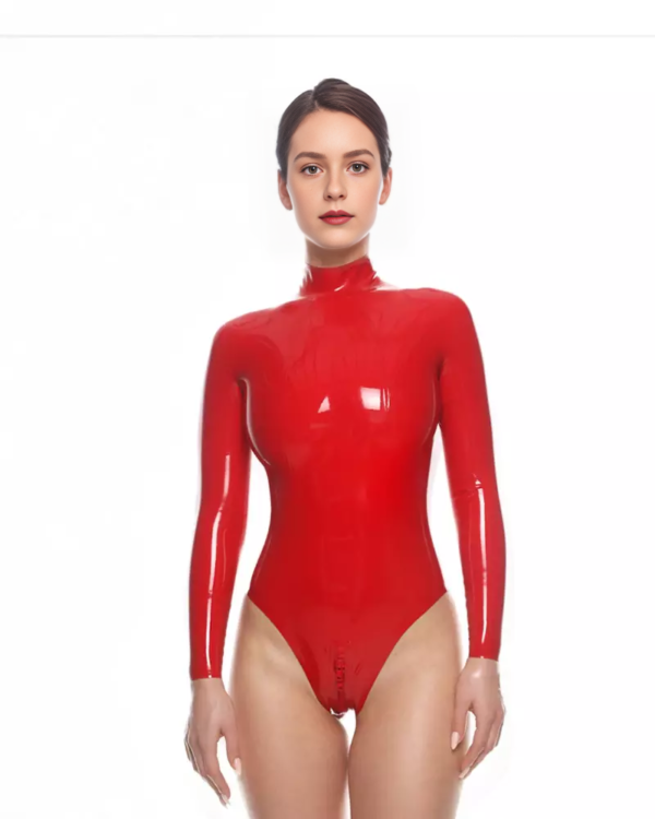 Home Front view of vibrant red High Neck Latex Bodysuit with long sleeves and glossy finish