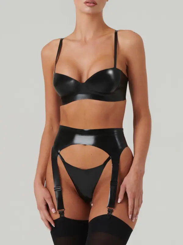 High Shine Latex Lingerie Set with Garter Belt front view