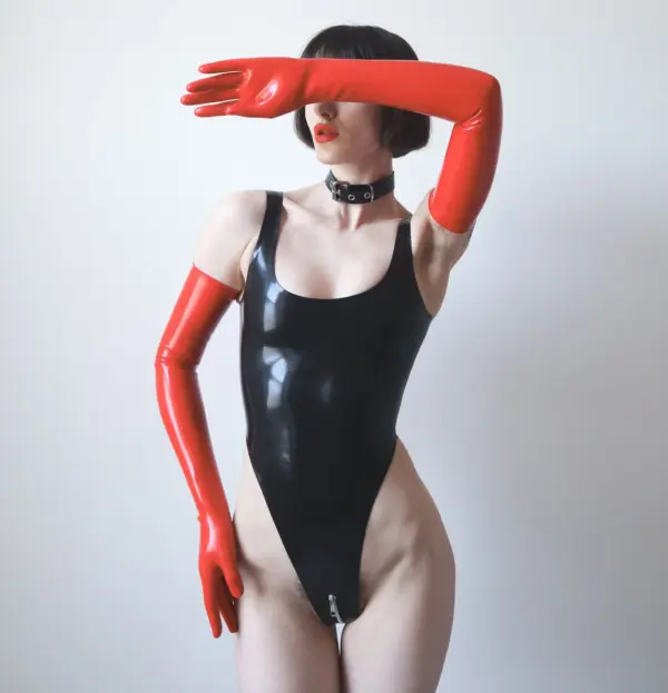 High-Cut Black Latex Bodysuit with Reinforced Crotch Zipper