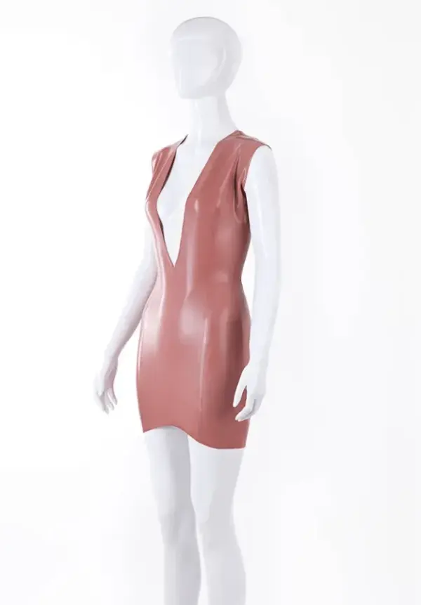 Deep V-Cut Latex Mini Dress with Rear Zipper