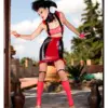 Bijou High-Waist Latex Skirt with Ruffled Hem – Red and Black Colorblock Design
