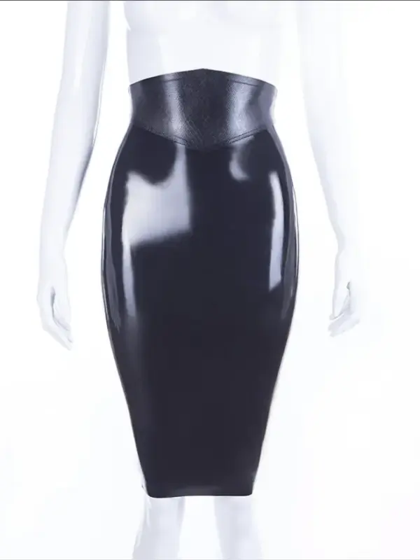 High-Waisted Latex Pencil Skirt with Snake Textured Waistband and Dual-Zip Back