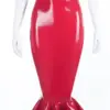 Model wearing seamless red rubber mermaid skirt showing flared bottom design