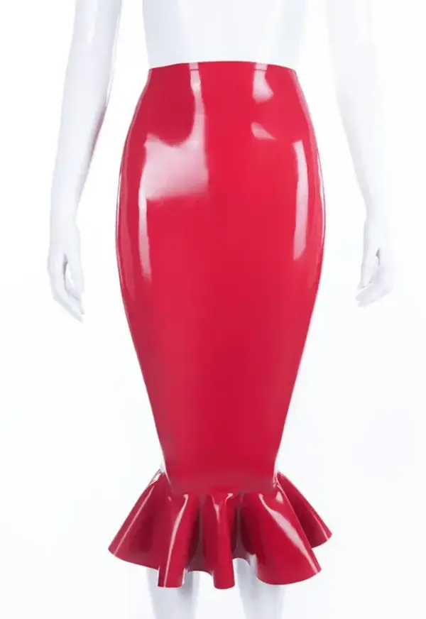 Model wearing seamless red rubber mermaid skirt showing flared bottom design