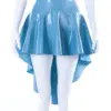 Light blue asymmetric latex skirt with high-low flared hem front view