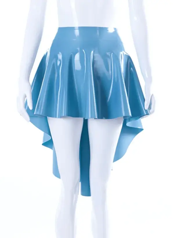 Light blue asymmetric latex skirt with high-low flared hem front view