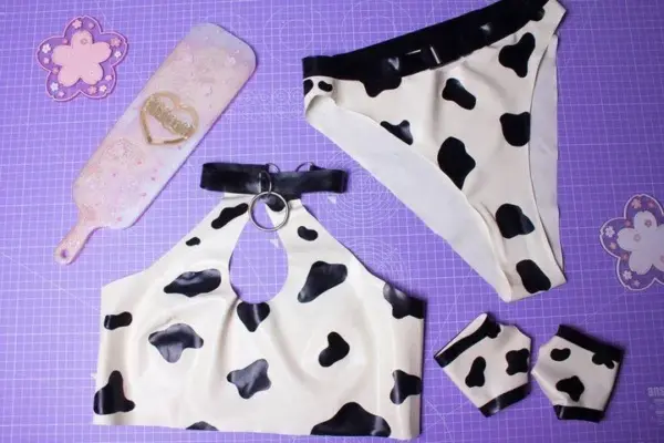 Latex Cow Pattern Lingerie with wrist cuffs and O-ring collar