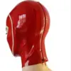 Side view of graphic red rubber mask with rear zipper and white trim