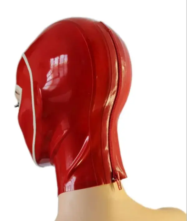 Side view of graphic red rubber mask with rear zipper and white trim