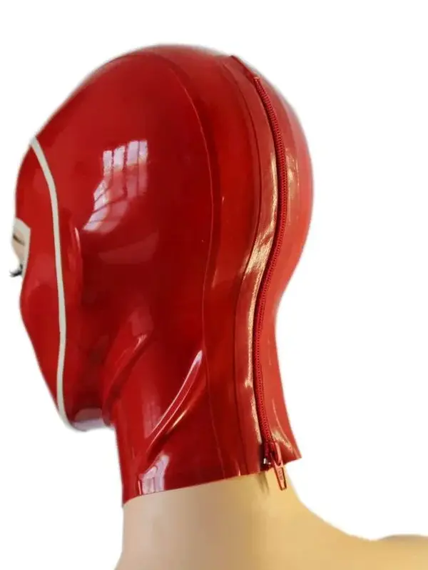 Side view of graphic red rubber mask with rear zipper and white trim