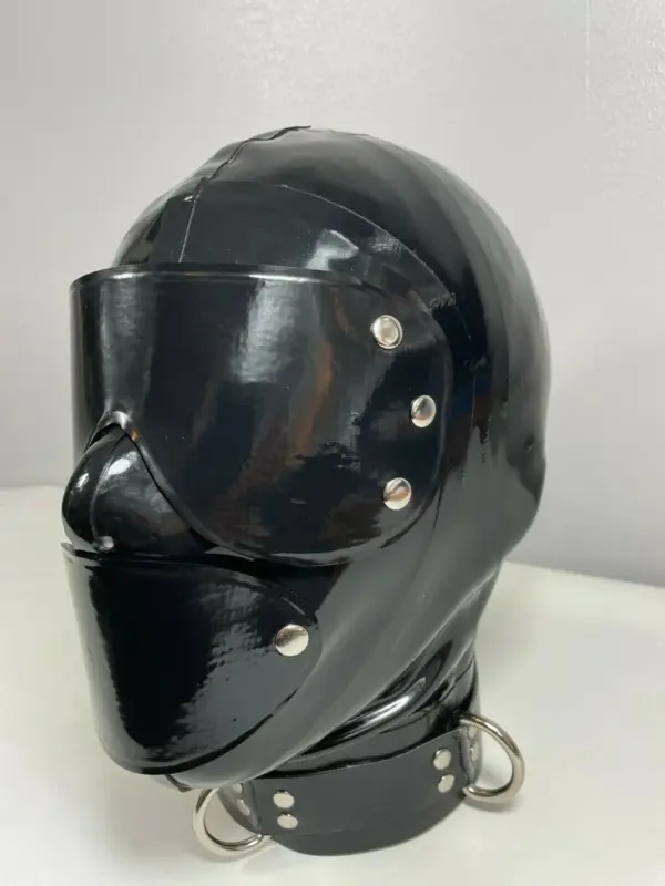 Side view of modular rubber mask with metal snaps and mouth cover