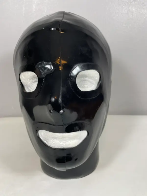Classic Latex Gimp Hood with open eyes and mouth front view