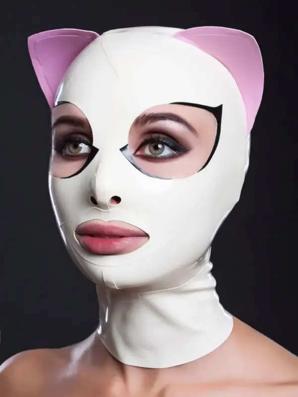 White Latex Cat Mask with pink ears and black eyelash detail front view