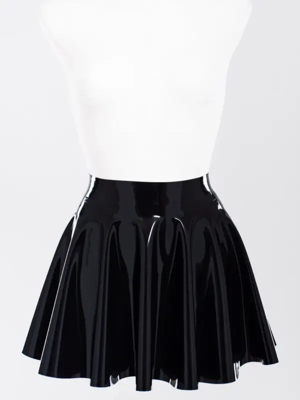 High-Shine Black Latex Flared Mini Skirt – No Zipper, Ultra-Stretchy Fit