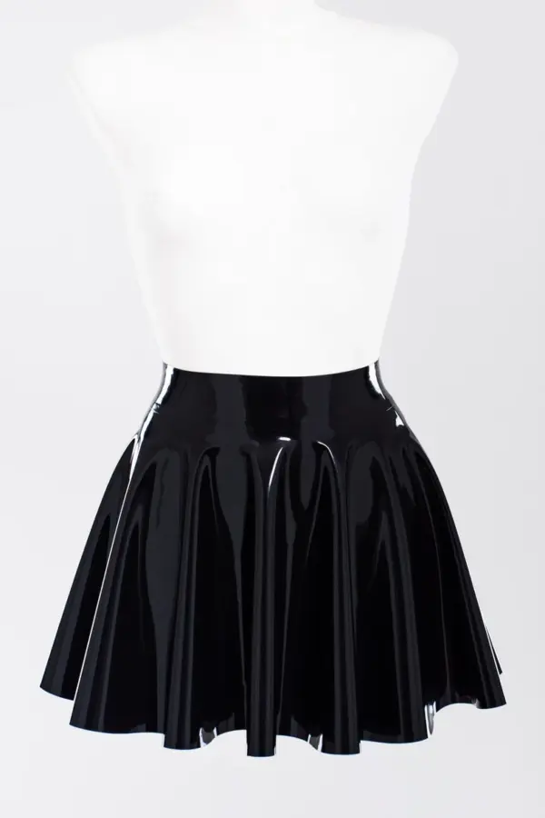 Glossy black latex flared skirt mini skater style front view