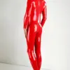 Men's red sleeveless latex catsuit front view showing full body fit