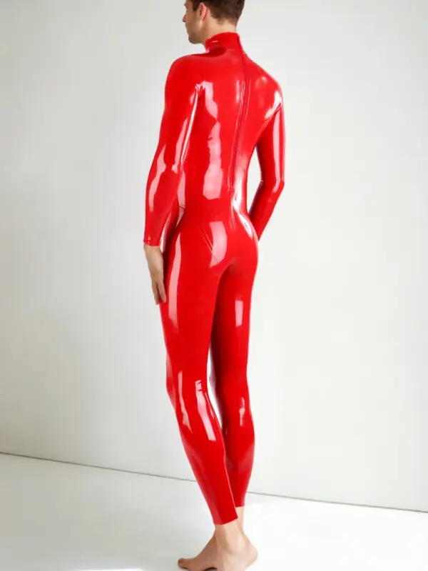 Men's red sleeveless latex catsuit front view showing full body fit