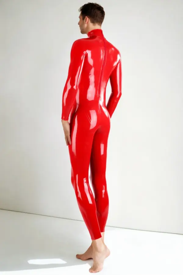 Men's red sleeveless latex catsuit front view showing full body fit