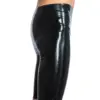 Side view of mid-thigh latex pants for men figure hugging fit