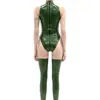 Rear view of green latex suit showing back zipper closure