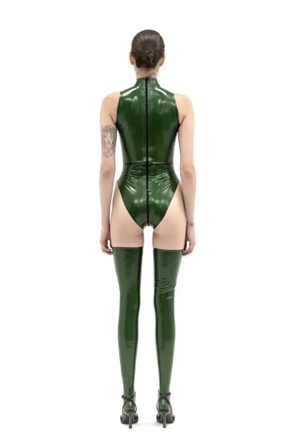 Rear view of green latex suit showing back zipper closure