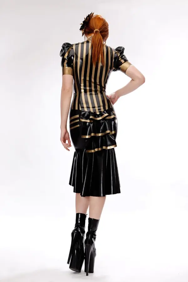 Striped Latex High-Neck Blouse with Cut-Out Front