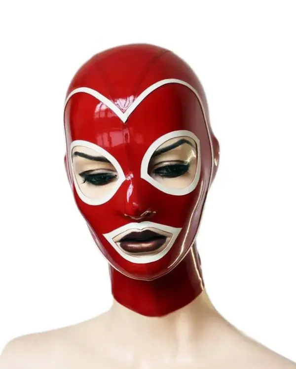 Red Latex Hood - White Contrast Trim & Superhero Design
