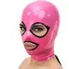 Close up of black eyelash trim on pink latex fetish hood