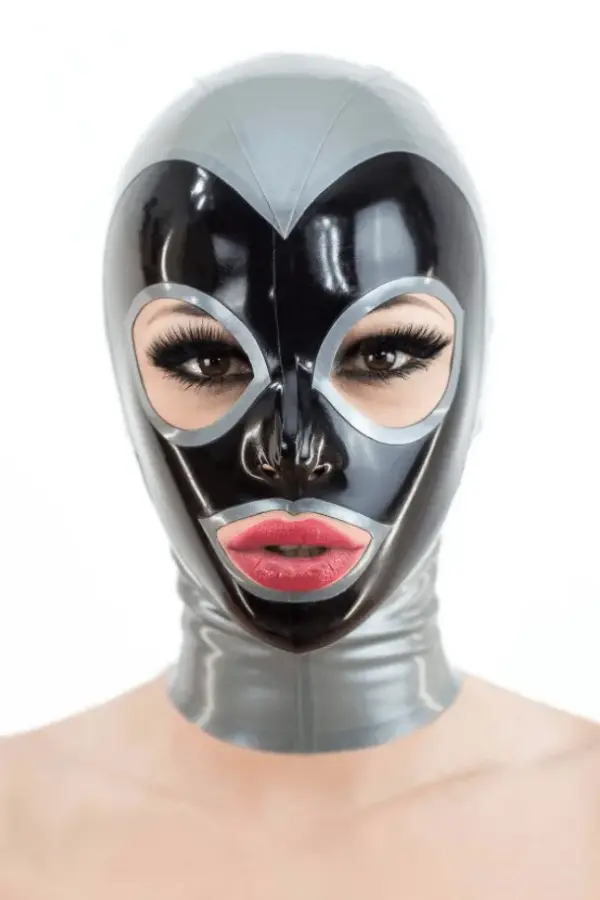 Two-Tone Latex Hood with contrast trim silver and black front view