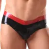Men's Black Latex Hipster Briefs with red contrast waistband front view