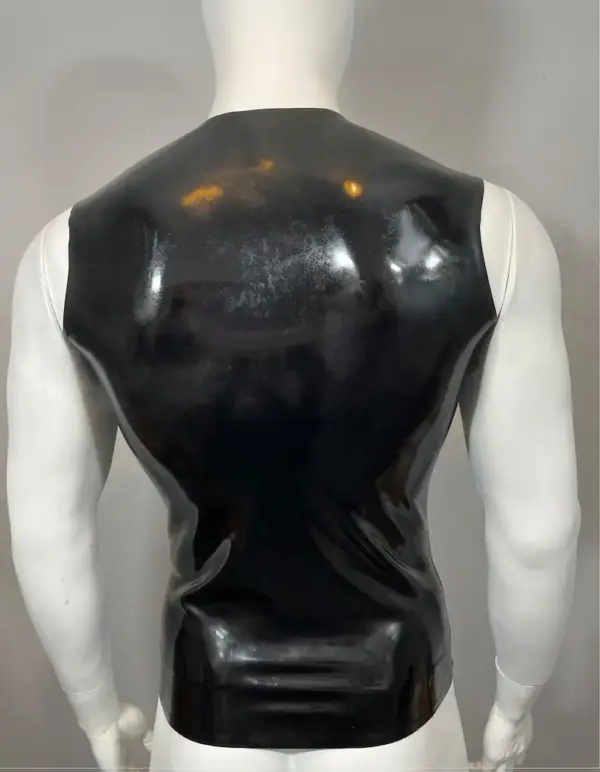 Rear view of sleeveless latex top for men with crew neck
