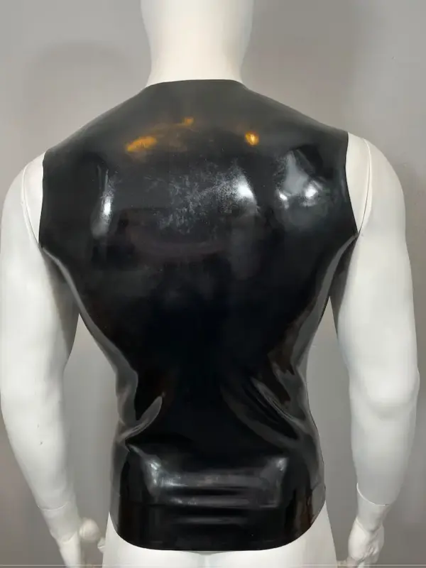 Rear view of sleeveless latex top for men with crew neck