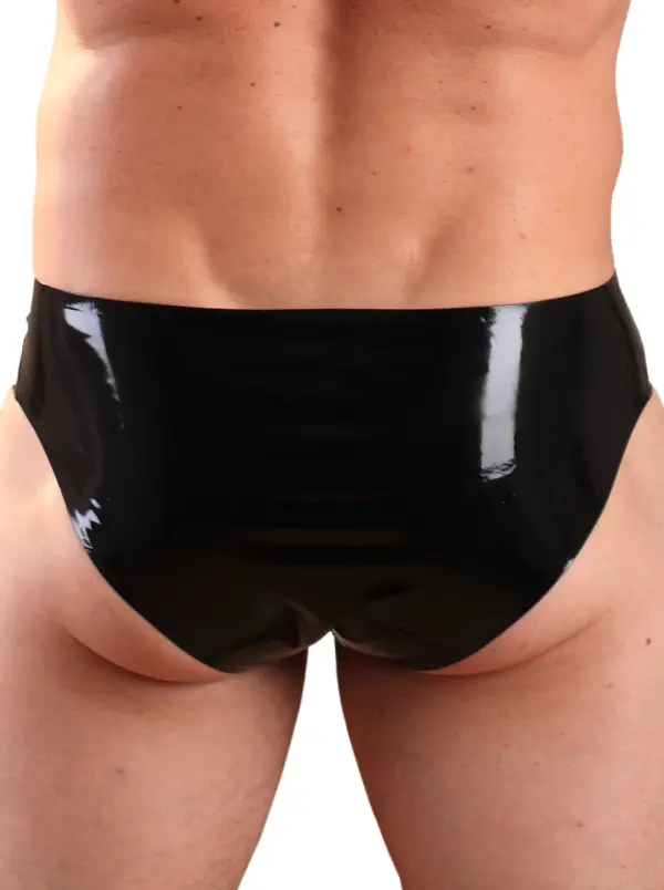 Rear view of seamed latex briefs for men with high cut leg