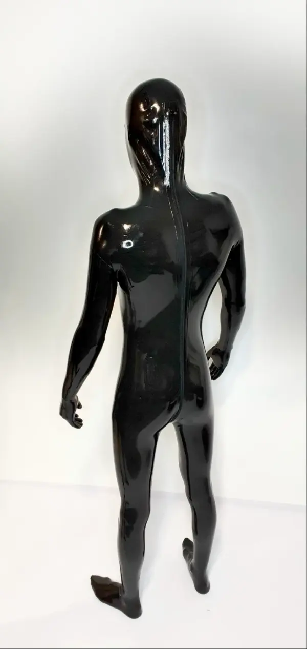 Black rubber zentai suit showing triple slider zipper from head to crotch