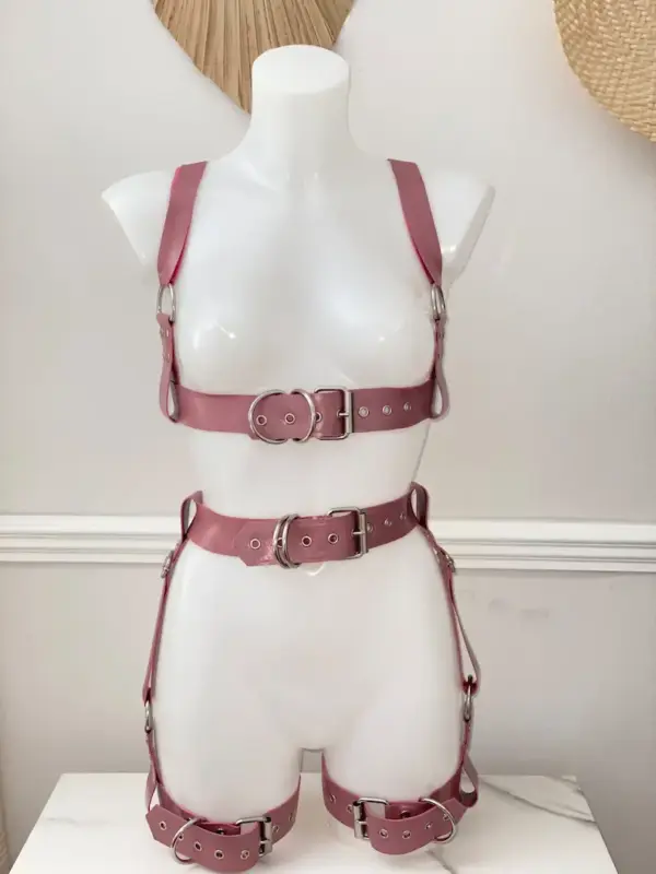 Deluxe Latex Harness Set in dusty rose with chest waist and thigh straps